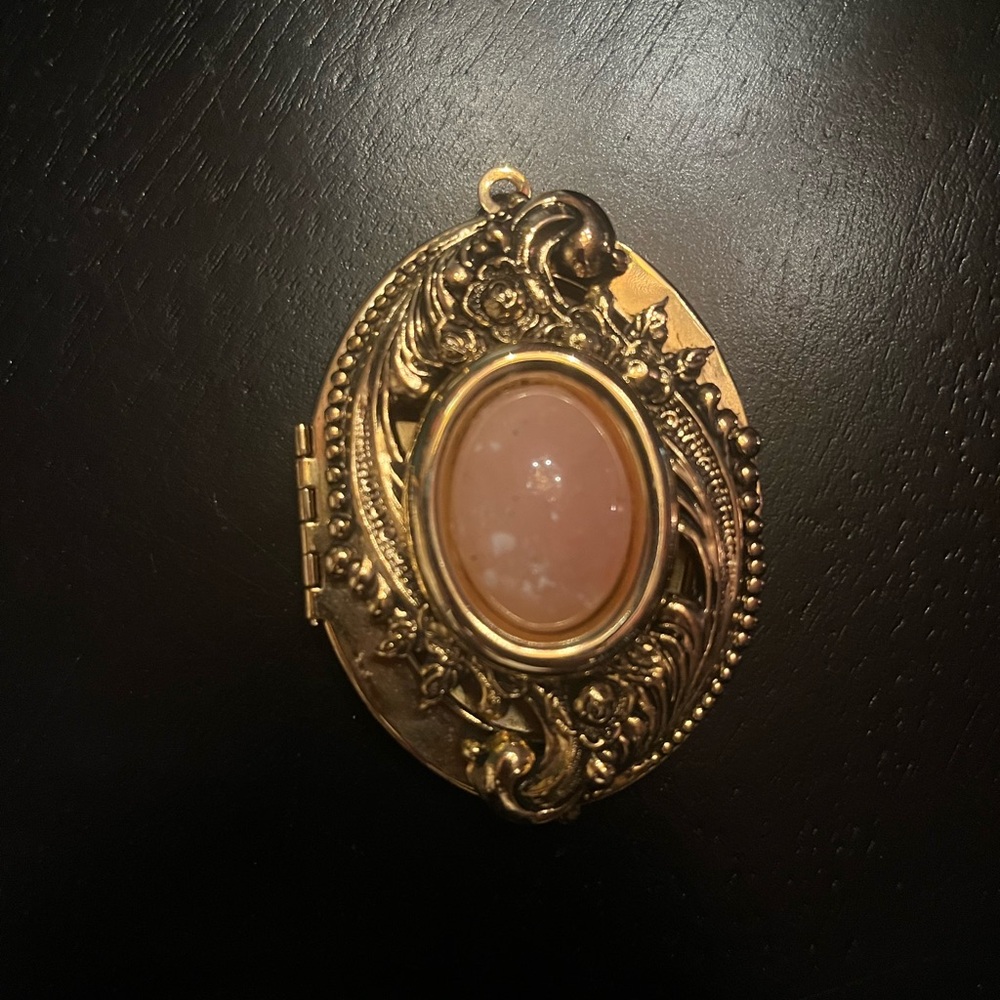 Vintage Gold Tone Ornate Pink Locket Pendant with Rose Quartz Like Cabochon